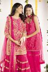 Priyaa_Pink Organza, Chanderi Silk, Mulmul Gota And Mirror Round Neck Kurta Sharara Set _Online_at_Aza_Fashions