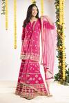 Shop_Priyaa_Pink Net, Chanderi Silk Gota And Mirror Notched Kurta Sharara Set _at_Aza_Fashions