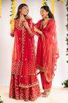 Shop_Priyaa_Red Net, Chanderi Silk Gota And Mirror Round Kurta Sharara Set _at_Aza_Fashions