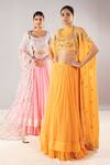 Priyaa_Yellow Chiffon Embroidered Gota And Mirror Jewel Cape Lehenga Set  _Online_at_Aza_Fashions
