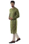 PAARSH_Green Modal Satin, Cotton Linen Overlap Kurta Set _Online_at_Aza_Fashions