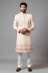 Buy_PAARSH_Peach Linen Satin, Malai Cotton Embroidered Sherwani Set_at_Aza_Fashions