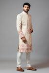 PAARSH_Peach Linen Satin, Malai Cotton Embroidered Sherwani Set_Online_at_Aza_Fashions