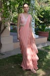 Buy_Parshya_Peach Viscose Crepe Lining Shantoon Pre-draped Skirt Saree With Blouse _at_Aza_Fashions