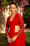 Parshya_Red V Neck Pre-draped Skirt Saree With Blouse _Online_at_Aza_Fashions