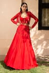 Buy_Parshya_Red Viscose Flat Chiffon Embellished Scoop Neck Lehenga Set With Bomber Jacket _at_Aza_Fashions