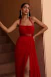 Parshya_Red Viscose Georgette Lining Shantoon Embellished Halter Neck Draped Gown _Online_at_Aza_Fashions