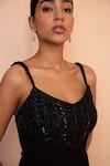 Parshya_Black Viscose Georgette Lining Shantoon Embellished V Neck Pleated Gown _Online_at_Aza_Fashions