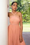 Parshya_Peach Viscose Chinon Lining Shantoon Embroidered Halter Neck Pleated Gown _Online_at_Aza_Fashions