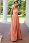 Buy_Parshya_Peach Viscose Chinon Lining Shantoon Embroidered Halter Neck Pleated Gown _at_Aza_Fashions