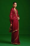 Shop_Nishar Ahmed_Maroon Habutai Silk Embroidered Zardozi Hand Saree _at_Aza_Fashions