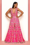 Shop_Papa Don't Preach_Pink Matka Silk Embroidered Geometric V Neck Sharara Jumpsuit _at_Aza_Fashions