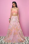 Papa Don't Preach_Pink Tulle Embroidery Glass Cut Beads V Neck Embellished Bridal Lehenga Set _Online_at_Aza_Fashions