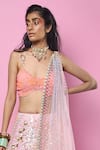 Shop_Papa Don't Preach_Pink Tulle Embroidery Glass Cut Beads V Neck Embellished Bridal Lehenga Set _Online_at_Aza_Fashions