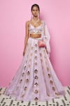 Buy_Papa Don't Preach_Purple Tulle Embellished 3d V Neck 3-d Crop Top Lehenga Set _at_Aza_Fashions