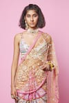 Papa Don't Preach_Beige Tulle Embellished Gold Reflective Pre-stitched Saree With Bralette Top _Online_at_Aza_Fashions