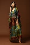 Capisvirleo_Blue Habutai Silk Print And Embroidery Tie & Dye V Neck & Kaftan  _Online_at_Aza_Fashions