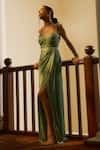 Buy_Parshya_Green Viscose Crepe Georgette Plain Sweetheart Neck Draped Gown _at_Aza_Fashions