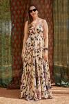 Shop_PUNIT BALANA_Beige Silk Satin Printed Floral Sweetheart Neck String Gown _at_Aza_Fashions