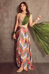 Punit Balana_Multi Color Satin Silk Stripe Print Pre-draped Saree Set_Online_at_Aza_Fashions