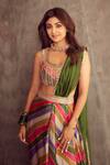 Shop_Punit Balana_Multi Color Satin Silk Stripe Print Pre-draped Saree Set_Online_at_Aza_Fashions