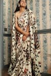 Buy_PUNIT BALANA_Beige Silk Satin Printed Floral Cape Open Saree And Set _at_Aza_Fashions