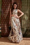 Buy_PUNIT BALANA_Beige Silk Chanderi Printed Floral Notched Skirt Set _at_Aza_Fashions