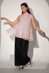 Buy_Taika By Poonam Bhagat_Pink Organza, Cotton Linen Geometric Print Fold Collar Jaali Top _at_Aza_Fashions