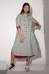 Buy_Taika By Poonam Bhagat_Ivory Cotton Linen Geometric Wide Fold Collar Red Dot Dress _at_Aza_Fashions