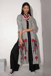 Buy_Taika By Poonam Bhagat_Ivory Cotton Linen Geometric Print, Applique Embroidery High Chopsticks Jacket _at_Aza_Fashions