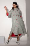 Taika By Poonam Bhagat_Ivory Cotton Linen Geometric Wide Fold Collar Red Dot Dress _Online_at_Aza_Fashions