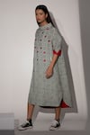 Buy_Taika By Poonam Bhagat_Ivory Cotton Linen Geometric Wide Fold Collar Red Dot Dress _Online_at_Aza_Fashions