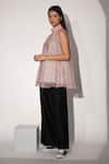 Taika By Poonam Bhagat_Pink Organza, Cotton Linen Geometric Print Fold Collar Jaali Top _Online_at_Aza_Fashions