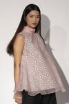 Shop_Taika By Poonam Bhagat_Pink Organza, Cotton Linen Geometric Print Fold Collar Jaali Top _Online_at_Aza_Fashions