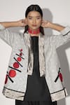 Shop_Taika By Poonam Bhagat_Ivory Cotton Linen Geometric Print, Applique Embroidery Many Moons Jacket_Online_at_Aza_Fashions