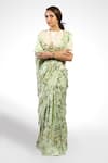 Shop_Pranay Baidya_Green Floral Print Chanderi Saree_at_Aza_Fashions