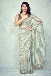 Buy_Pranay Baidya_Green Chanderi Striped Saree  _at_Aza_Fashions