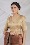 Buy_Pranay Baidya_Gold Tissue Silk V Neck Blouse_at_Aza_Fashions