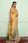 Pranay Baidya_Blue Chanderi Lace Border Stripe Pattern Saree _Online_at_Aza_Fashions