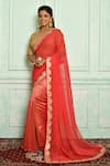 Buy_Pranay Baidya_Coral Chanderi Embellished Lace Border Stripe Pattern Saree  _at_Aza_Fashions