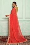 Shop_Pranay Baidya_Coral Chanderi Embellished Lace Border Stripe Pattern Saree  _at_Aza_Fashions