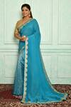 Buy_Pranay Baidya_Blue Chanderi, Pallu Organza Lace Border Stripe Pattern Saree _at_Aza_Fashions