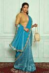 Pranay Baidya_Blue Chanderi, Pallu Organza Lace Border Stripe Pattern Saree _Online_at_Aza_Fashions