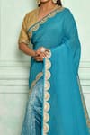 Buy_Pranay Baidya_Blue Chanderi, Pallu Organza Lace Border Stripe Pattern Saree _Online_at_Aza_Fashions