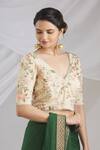 Buy_Pranay Baidya_Peach Muslin V Neck Embroidered Blouse _at_Aza_Fashions