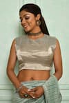 Buy_Pranay Baidya_Silver Tissue Woven Round Princess Cut Blouse _at_Aza_Fashions
