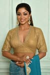 Buy_Pranay Baidya_Gold Net Embroidered Sequin Work Plunge V Neck Blouse _at_Aza_Fashions