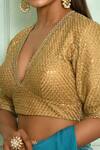 Shop_Pranay Baidya_Gold Net Embroidered Sequin Work Plunge V Neck Blouse _Online_at_Aza_Fashions