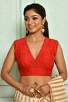 Buy_Pranay Baidya_Red Dupion , Lining Cotton Floral, Thread V Neck Embroidered Blouse _at_Aza_Fashions