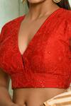 Shop_Pranay Baidya_Red Dupion , Lining Cotton Floral, Thread V Neck Embroidered Blouse _Online_at_Aza_Fashions